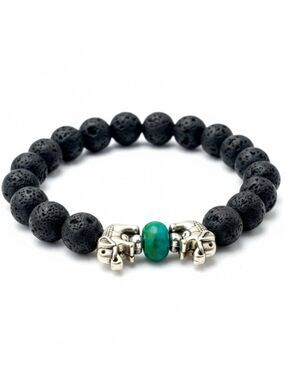Black Lava Aromatherapy Bracelet Green Stone Silver Elephant Accents
